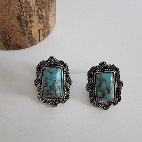 NEW Turquoise Rectangle Antique Metal Stud Earrings Boho - Picture 3 of 6